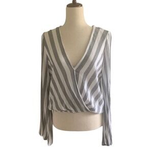 Sadie & Sage Gray Striped Crossover Top L L Bell Sleeve Boho Festival USA Made